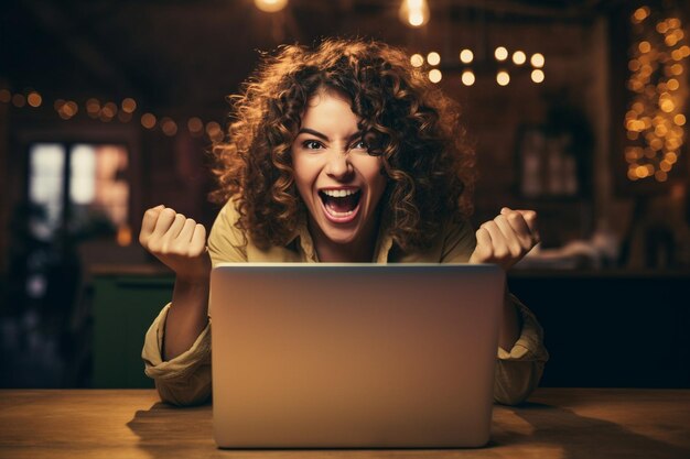 Foto mulher entusiasmada se sente em êxtase lendo ótimas notícias on-line no laptop trabalhando na cozinha de casa