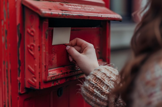 Foto mulher enviando uma carta em uma caixa de correio vermelha vintage em um dia nublado cena de vida cotidiana conceito de comunicação analógica ai