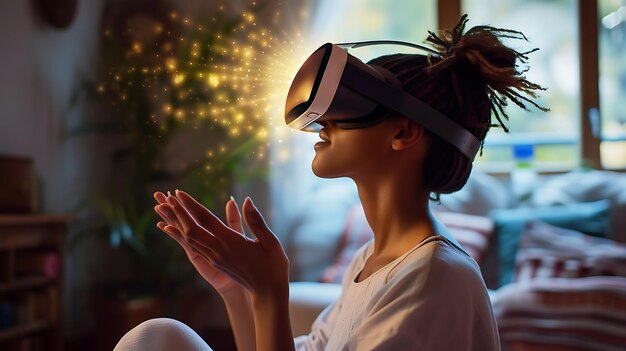 Mulher envolvida em realidade virtual em casa