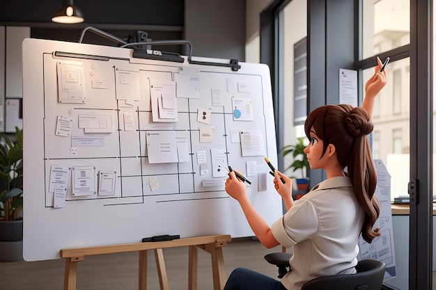 Foto mulher esboçando um plano de negócios em um cartaz em um escritório criativo