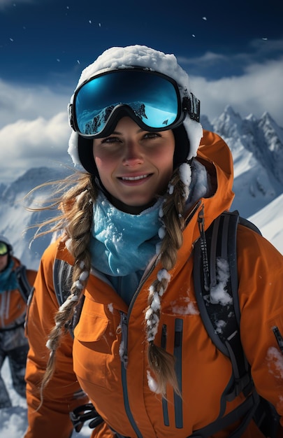 Mulher escalando montanha coberta de neve gerada por IA