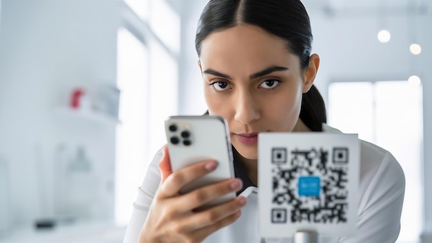 Foto mulher escaneando código qr com smartphone em close-up de fundo leve