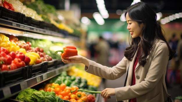 Mulher escolhe legumes nas prateleiras do supermercado