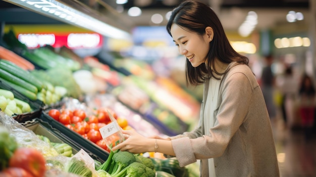 Mulher escolhe legumes nas prateleiras do supermercado