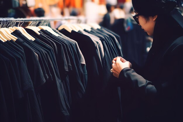 Mulher escolhendo roupas no mercado de pulgas rede neural arte gerada por IA