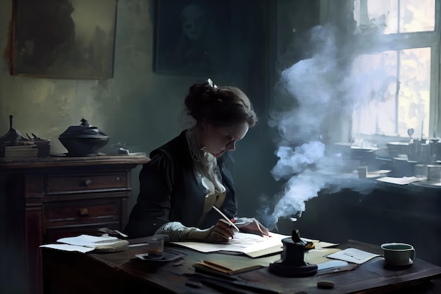Mulher escrevendo cartas com fumaça de sua caneta enchendo a sala