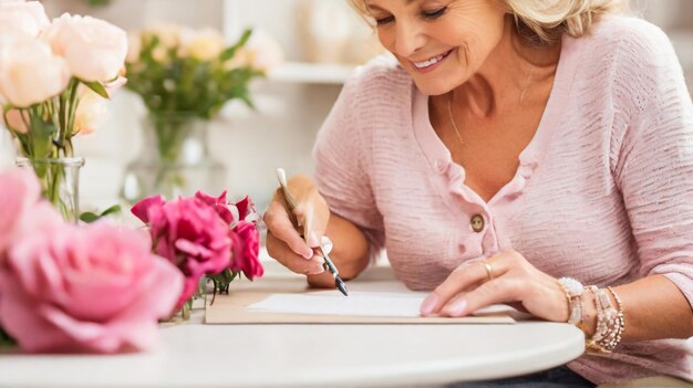 mulher escrevendo em um papel com uma caneta na mão