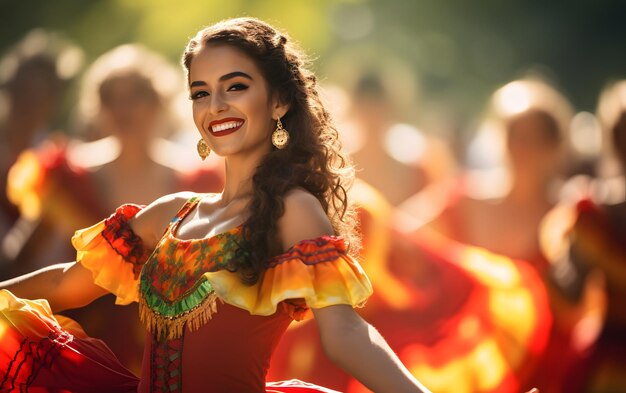 Mulher espanhola dançando vestida de sevilhanas em um tradicional