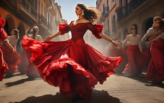Mulher espanhola dançando vestida de sevilhanas em um tradicional