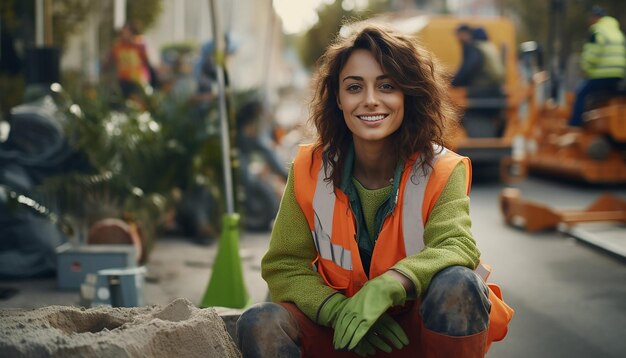 Foto mulher espanhola fazendo obras de estrada empreiteiro sorrindo construção de estradas construção de veículos