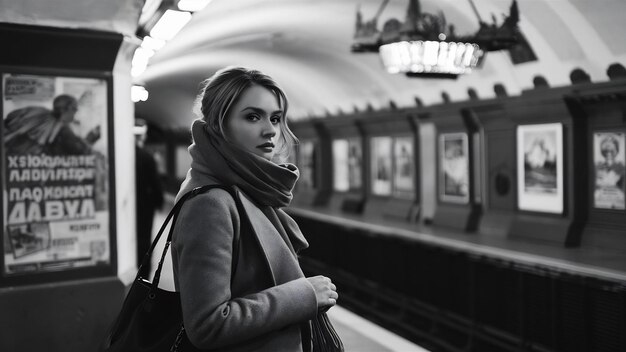 Foto mulher espera em uma estação de metrô em kiev