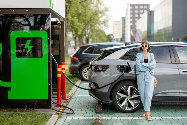 Mulher esperando seu carro elétrico para carregar