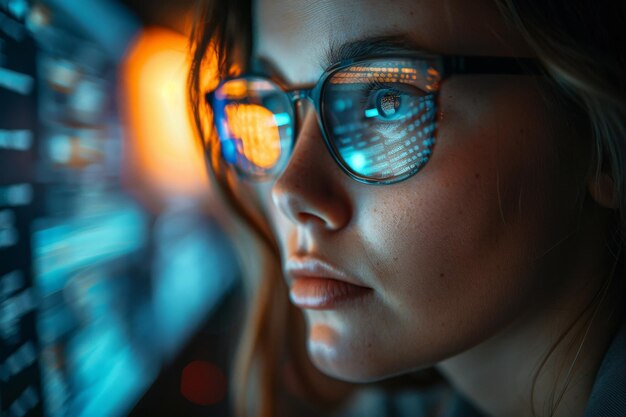 Mulher esperta em tecnologia olhando para o código do computador através de óculos