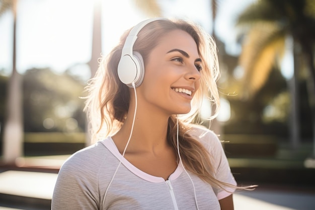 Mulher esportiva caucasiana ouvindo música em fones de ouvido ao ar livre