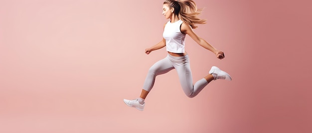 Mulher esportiva feliz fazendo exercícios sobre o fundo do espaço de cópia