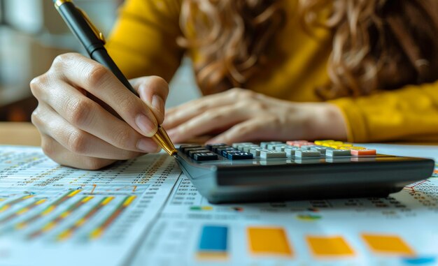 Foto mulher está calculando o orçamento com calculadora e caneta