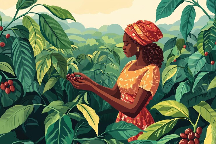 mulher está colhendo grãos de café de uma árvore