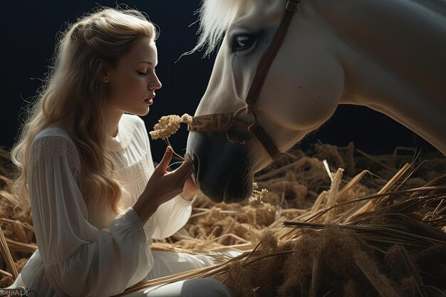 Foto mulher está comendo o grão em um cavalo no estilo de combinar elementos naturais e artificiais