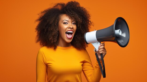 Mulher está gritando alegremente em um megafone contra um fundo colorido vibrante