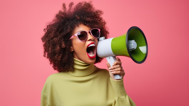 Mulher está gritando alegremente em um megafone contra um fundo colorido vibrante