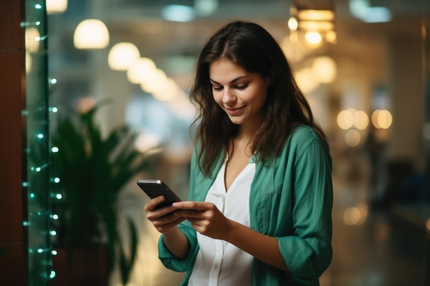 Mulher está olhando para seu celular no shopping