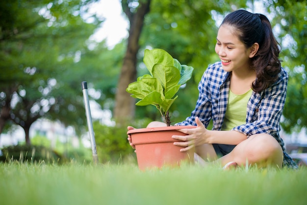 Mulher está plantando a árvore no jardim