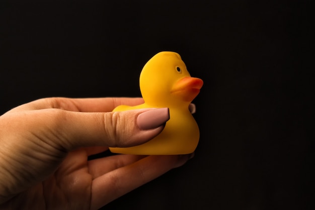 Mulher está segurando o pequeno pato pequeno brinquedo amarelo de borracha isolado no fundo preto.