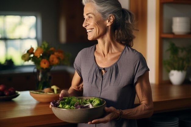 Mulher está segurando uma tigela de salada na cozinha