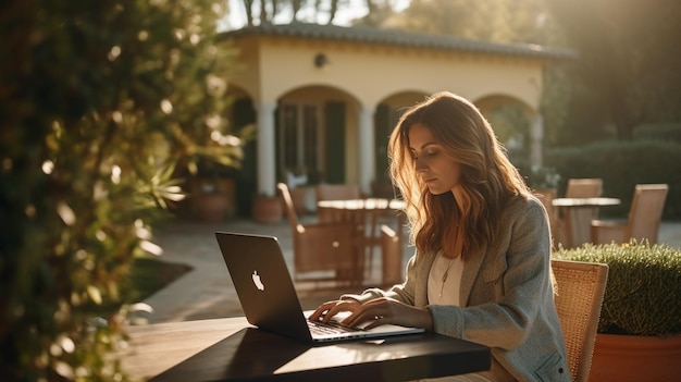 Foto mulher está trabalhando em um laptop enquanto mantém um estilo de vida de luxo