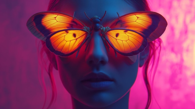 mulher está usando olhos de néon brilhantes no estilo de híbridos de animais surreais feitos de insetos