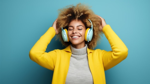 Mulher estilo de vida sorriso beleza moda retrato fone de ouvido música fones de ouvido ouça feliz rádio sem fio jovem felicidade