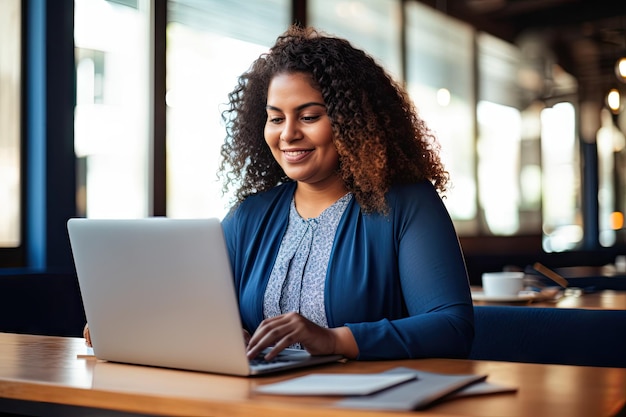 mulher estilosa plus size trabalhando em laptopum sorriso radianteela realiza multitarefas sem esforço em seu laptop