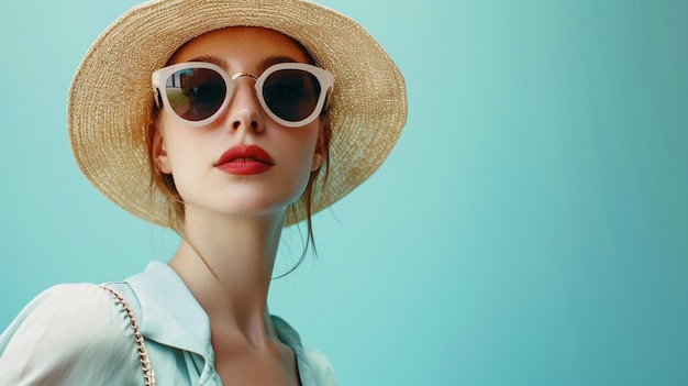 Mulher estilosa usando chapéu de palha e óculos de sol da moda