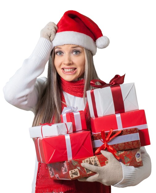 Mulher estressada com presentes de Natal - isolado