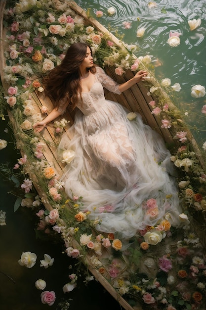 Mulher etérea em um barco adornado com flores na água