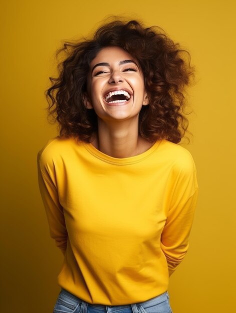 Foto mulher europeia feliz em roupas casuais contra um fundo neutro