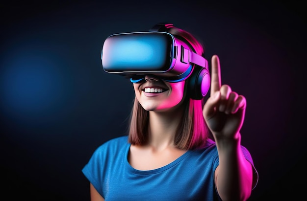 Foto mulher europeia jovem sorridente usando óculos de realidade virtual e tocando com o dedo para o lado