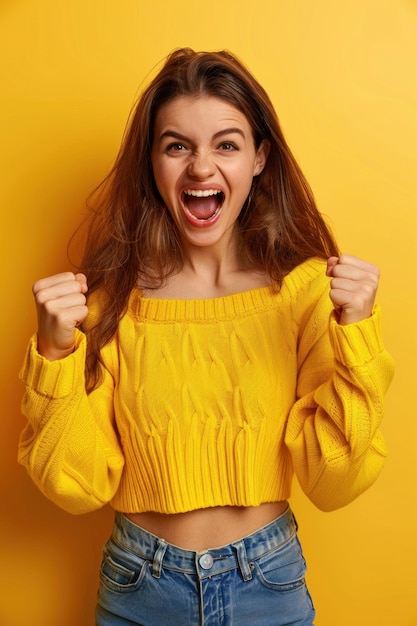 Mulher excitada em camisola amarela aplaudindo e sorrindo expressando felicidade e vitória