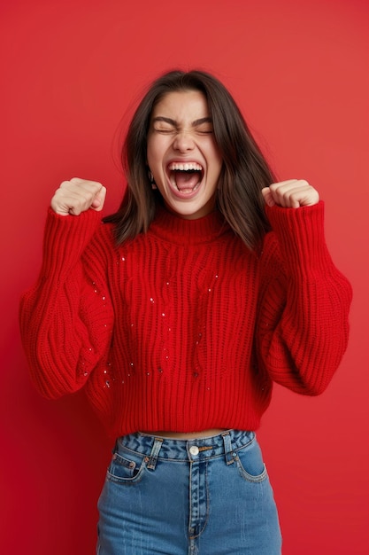 Mulher excitada em suéter vermelho com punhos levantados mostrando triunfo e excitação em um fundo vermelho vibrante