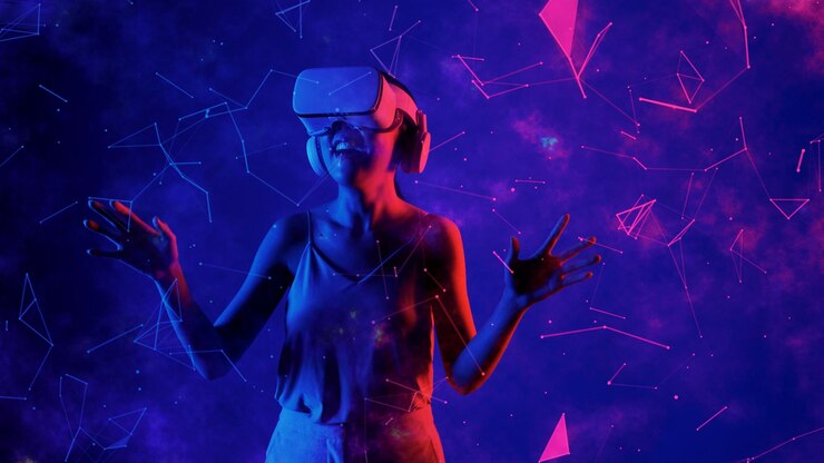 Foto mulher excitada olhando em torno de vr para meta com apontando zodíaco alucinação