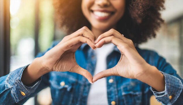 mulher exibe amor com as mãos mostrando forma de coração em uma imagem de foco superficial cortada