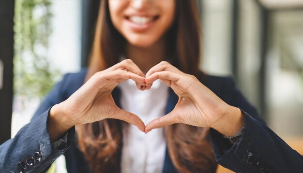 mulher exibe amor com as mãos mostrando forma de coração em uma imagem de foco superficial cortada