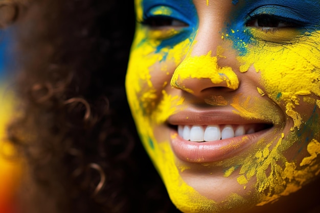 Foto mulher exibindo espírito de equipe com as cores do brasil no rosto