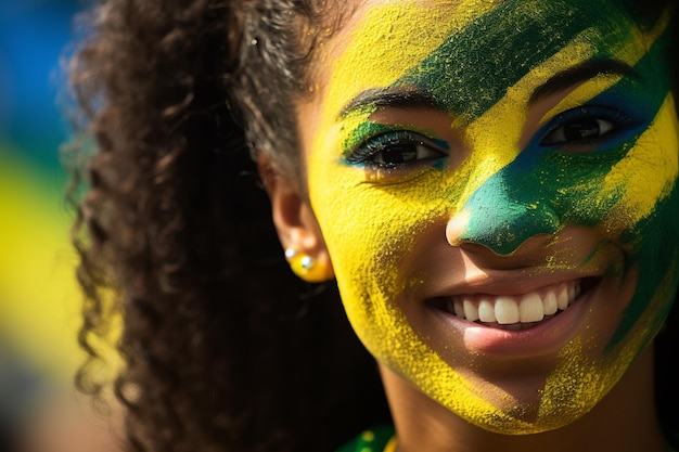 Mulher exibindo espírito de equipe com as cores do Brasil no rosto