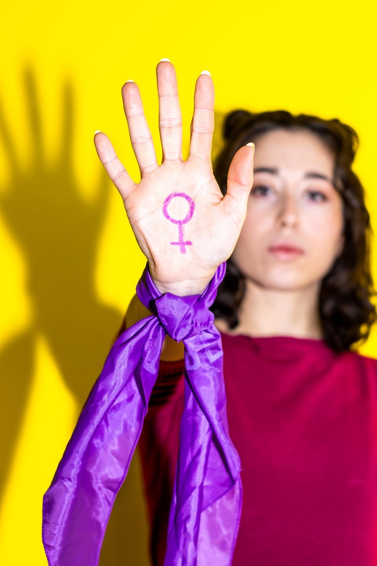 Foto mulher exibindo símbolo feminino na mão pela igualdade
