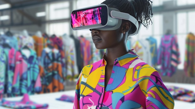 Mulher experimentando a realidade virtual em galeria colorida