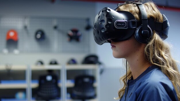 Mulher experimentando realidade virtual em um laboratório de tecnologia