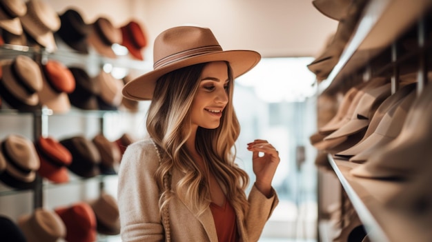 Mulher experimentando um chapéu em uma boutique