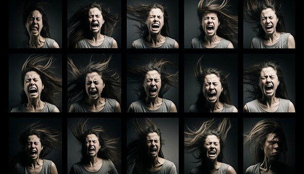 Foto mulher expressiva enfrenta retratos de emoções intensas em ação