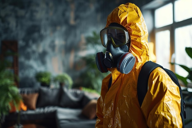Mulher exterminadora em um fato de proteção amarelo e máscara de gás em uma sala bagunçada cheia de plantas